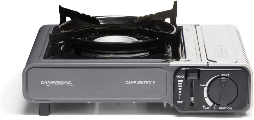 Camp Bistro 3 Réchaud à Gaz, 1 Feu, Réchaud de Camping, Puissance 2200 W, Réchaud Extérieur Compact, avec Mallette pour Un Transport Facile, Noir
