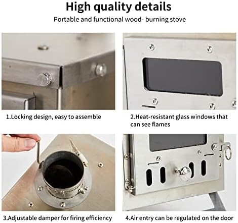 Poêle à bois de camping | Réchaud de randonnée | Petit réchaud à bois portable pour tentes, tente de pêche sur glace et camping construction en acier inoxydable de précision, avec tuyau de