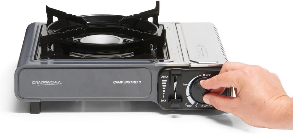 Camp Bistro 3 Réchaud à Gaz, 1 Feu, Réchaud de Camping, Puissance 2200 W, Réchaud Extérieur Compact, avec Mallette pour Un Transport Facile, Noir