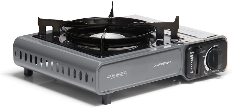 Camp Bistro 3 Réchaud à Gaz, 1 Feu, Réchaud de Camping, Puissance 2200 W, Réchaud Extérieur Compact, avec Mallette pour Un Transport Facile, Noir