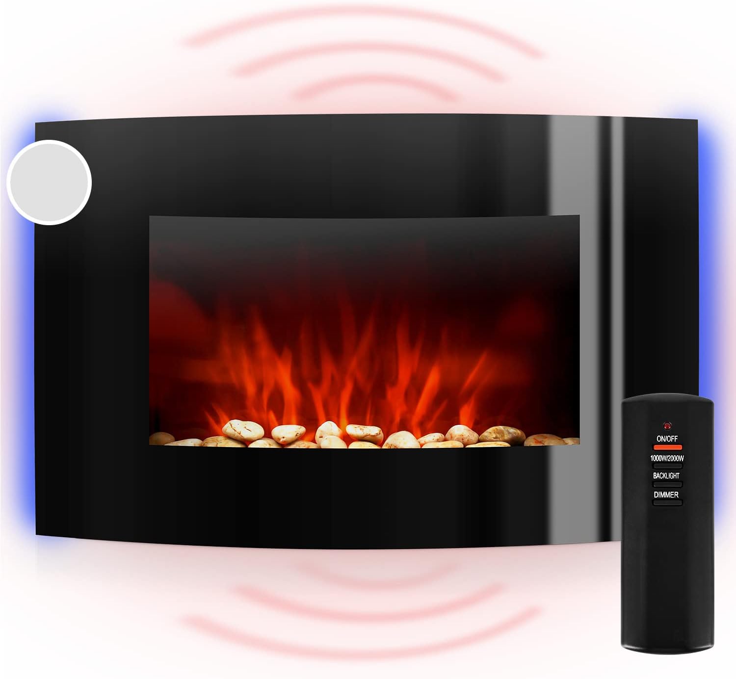 Cheminée électrique, Foyer électrique, poêle, Simulation de Flamme, Éclairage LED coloré, Silencieux, 2 puissances : 1000 W ou 2000 W, Télécommande, Montage Mural - Noir