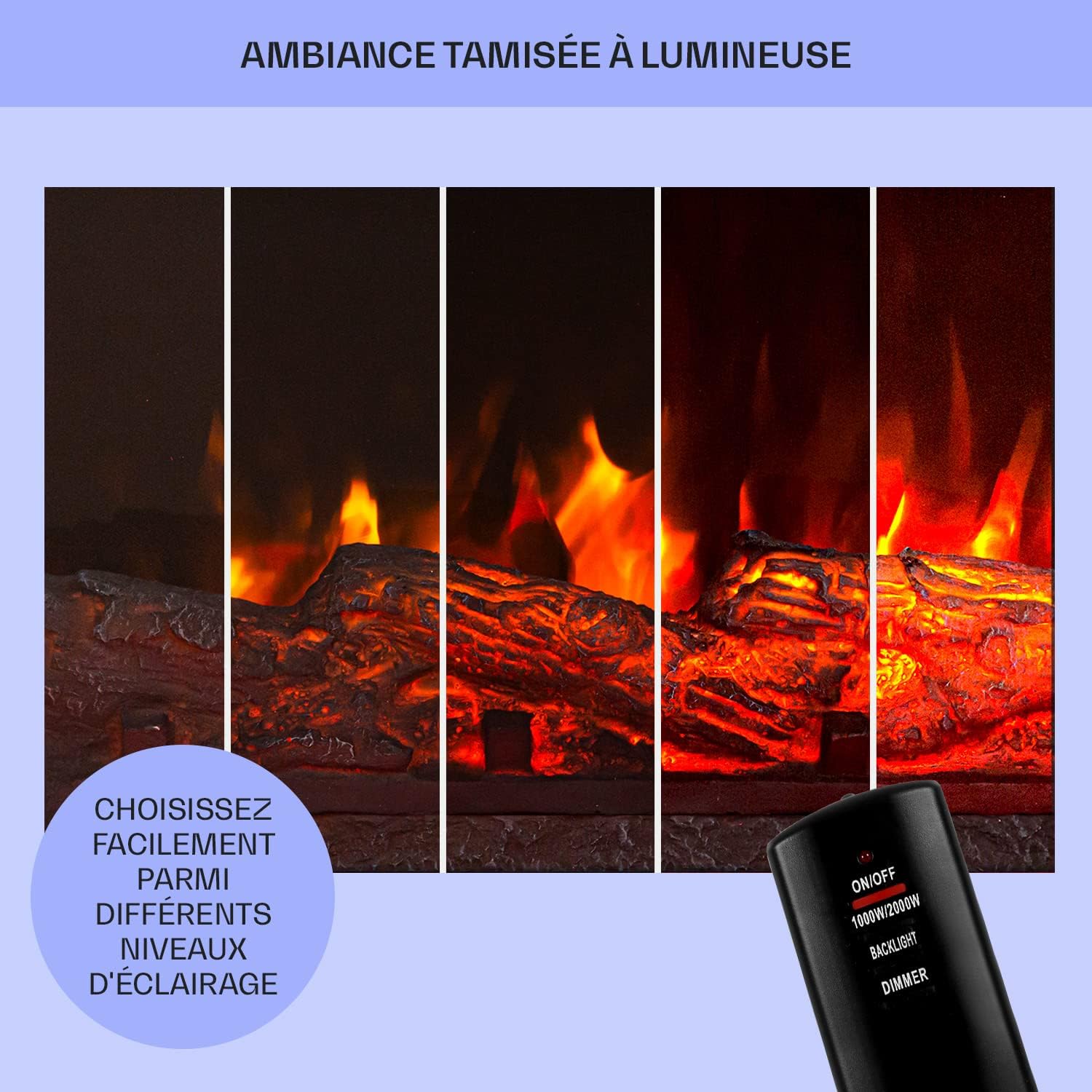 Cheminée électrique, Foyer électrique, poêle, Simulation de Flamme, Éclairage LED coloré, Silencieux, 2 puissances : 1000 W ou 2000 W, Télécommande, Montage Mural - Noir