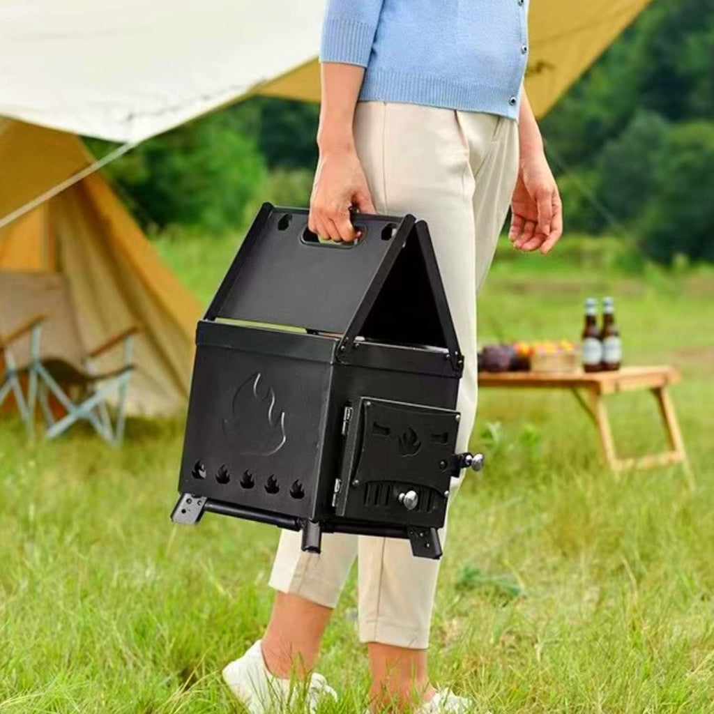 Poêle à Bois Poêle de Tente de Camping Chaude Avec tuyau de cheminée et Ventilateur Manuel pour la Cuisine et Le Chauffage en Plein air