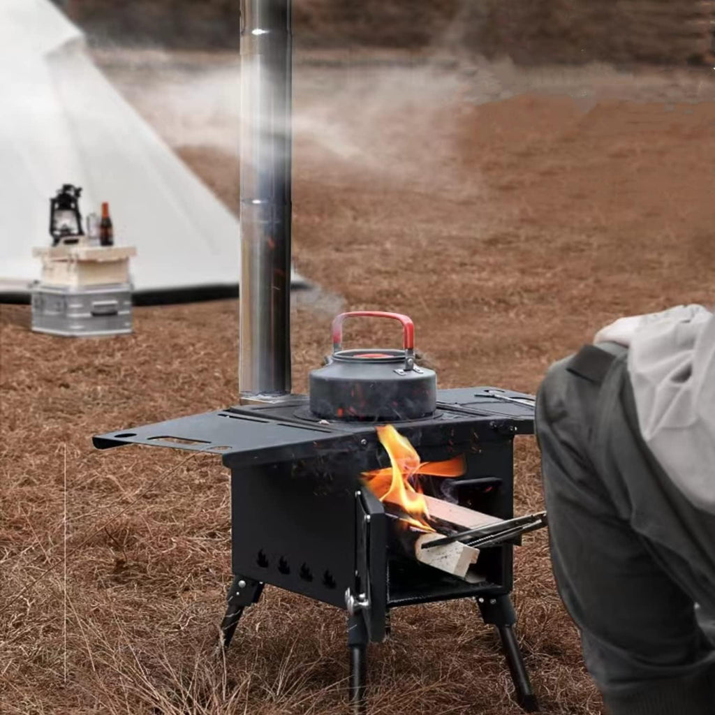 Poêle à Bois Poêle de Tente de Camping Chaude Avec tuyau de cheminée et Ventilateur Manuel pour la Cuisine et Le Chauffage en Plein air