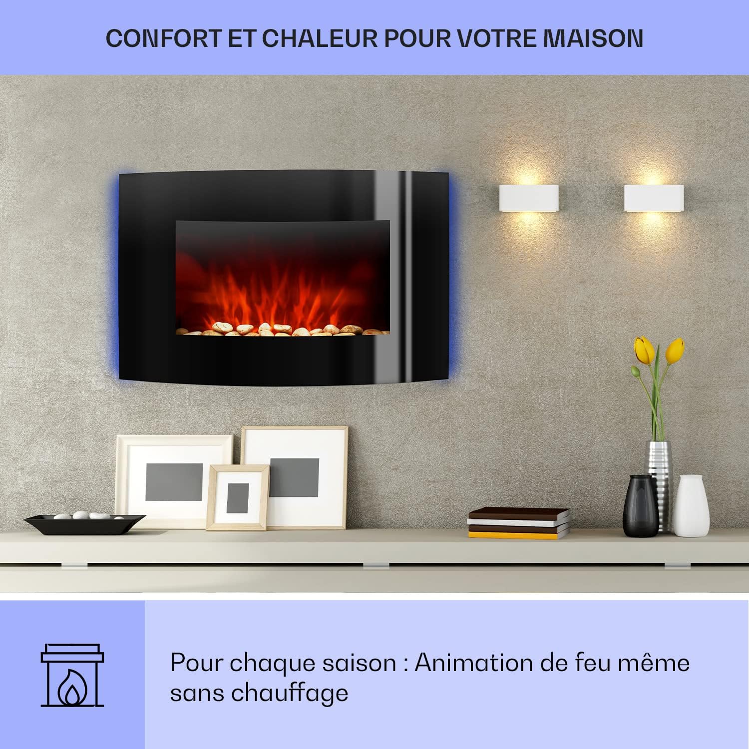 Cheminée électrique, Foyer électrique, poêle, Simulation de Flamme, Éclairage LED coloré, Silencieux, 2 puissances : 1000 W ou 2000 W, Télécommande, Montage Mural - Noir