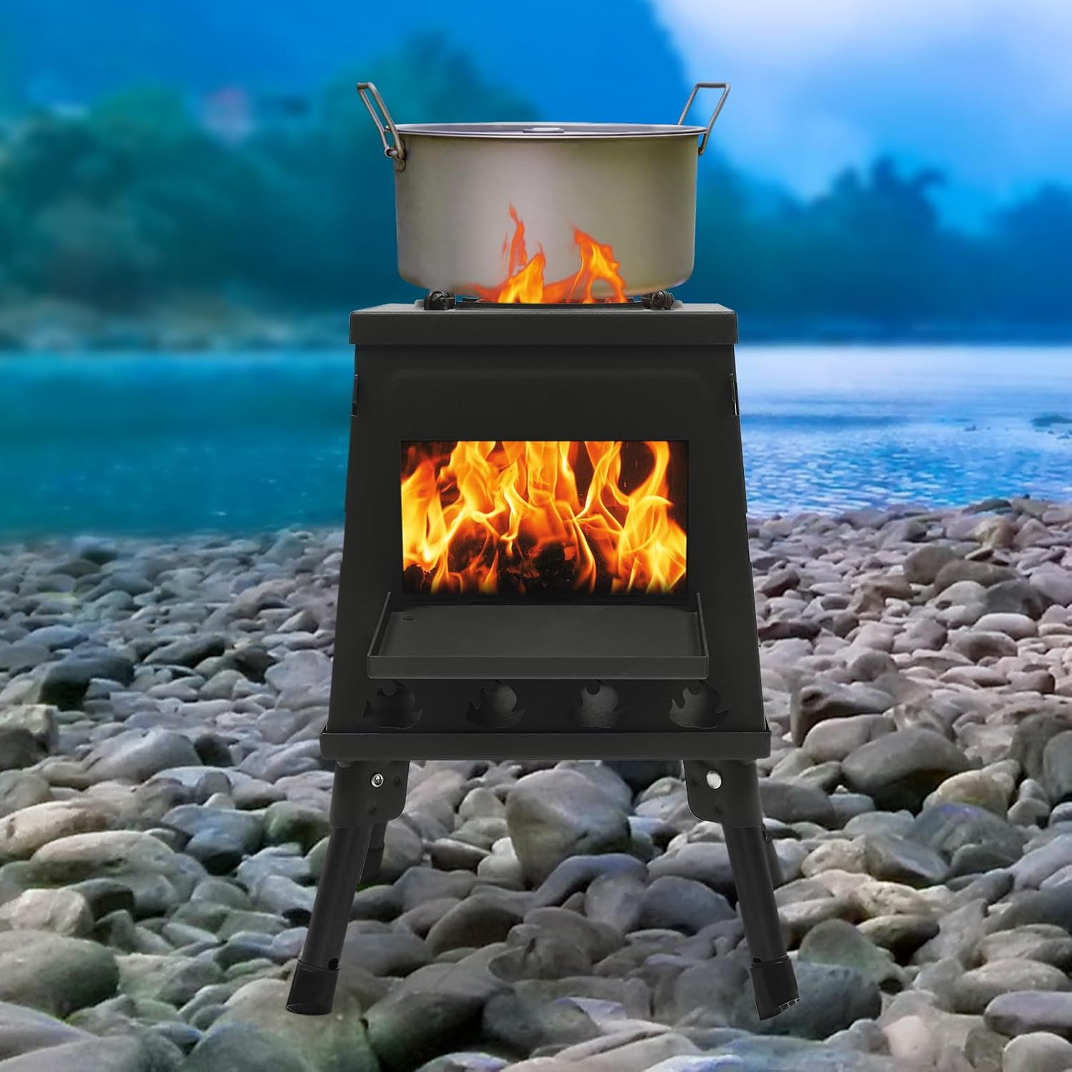 Poêle à bois pliable pour camping - Noir - Portable - Vert - Pour 3 à 5 personnes - Pour tente, chauffage, extérieur, camping, cuisine