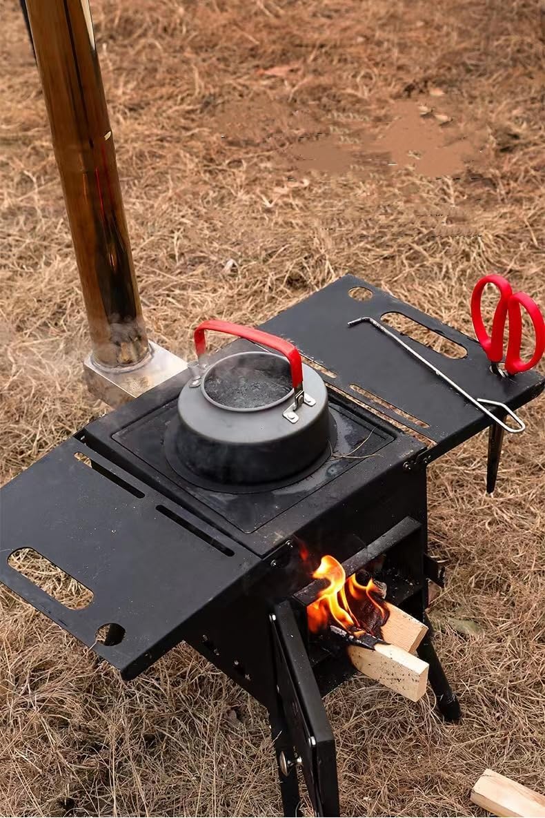 Poêle à Bois Poêle de Tente de Camping Chaude Avec tuyau de cheminée et Ventilateur Manuel pour la Cuisine et Le Chauffage en Plein air