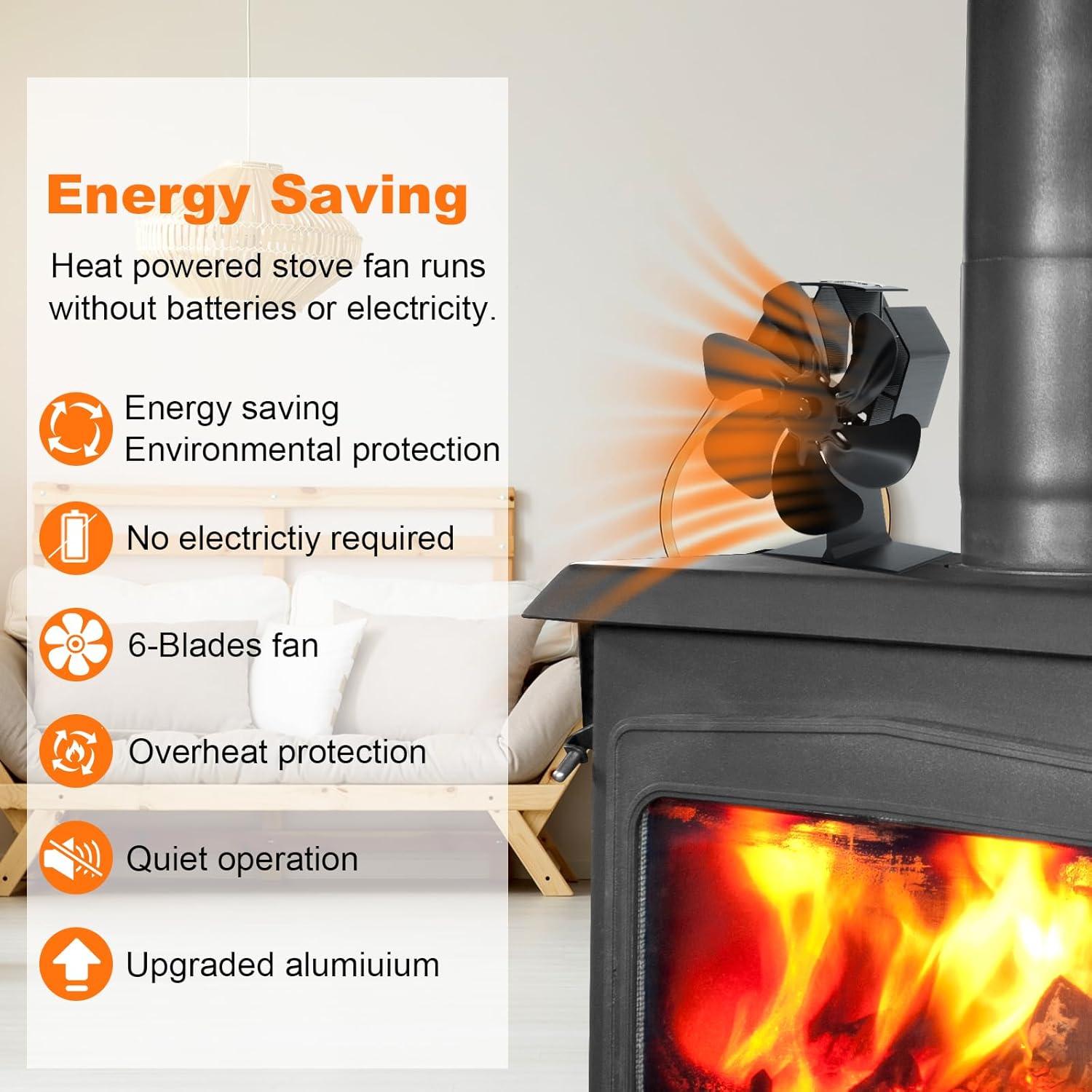Ventilateur Poele à Bois 6 Pales avec Thermomètre, Ventilateur de Cheminée Alimenté Par la Chaleur pour Poêle à Bois/Cheminée/Gaz/Bûche (Moyen)