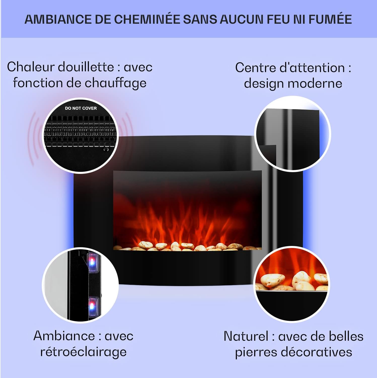 Cheminée électrique, Foyer électrique, poêle, Simulation de Flamme, Éclairage LED coloré, Silencieux, 2 puissances : 1000 W ou 2000 W, Télécommande, Montage Mural - Noir