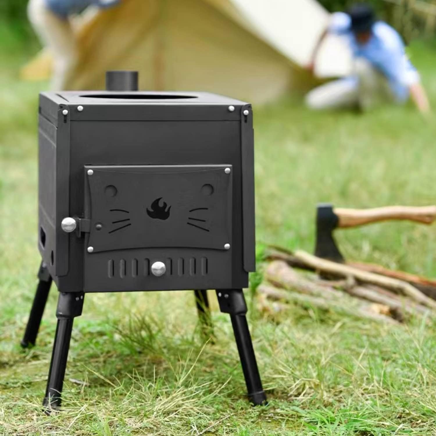 Poêle à Bois Poêle de Tente de Camping Chaude Avec tuyau de cheminée et Ventilateur Manuel pour la Cuisine et Le Chauffage en Plein air