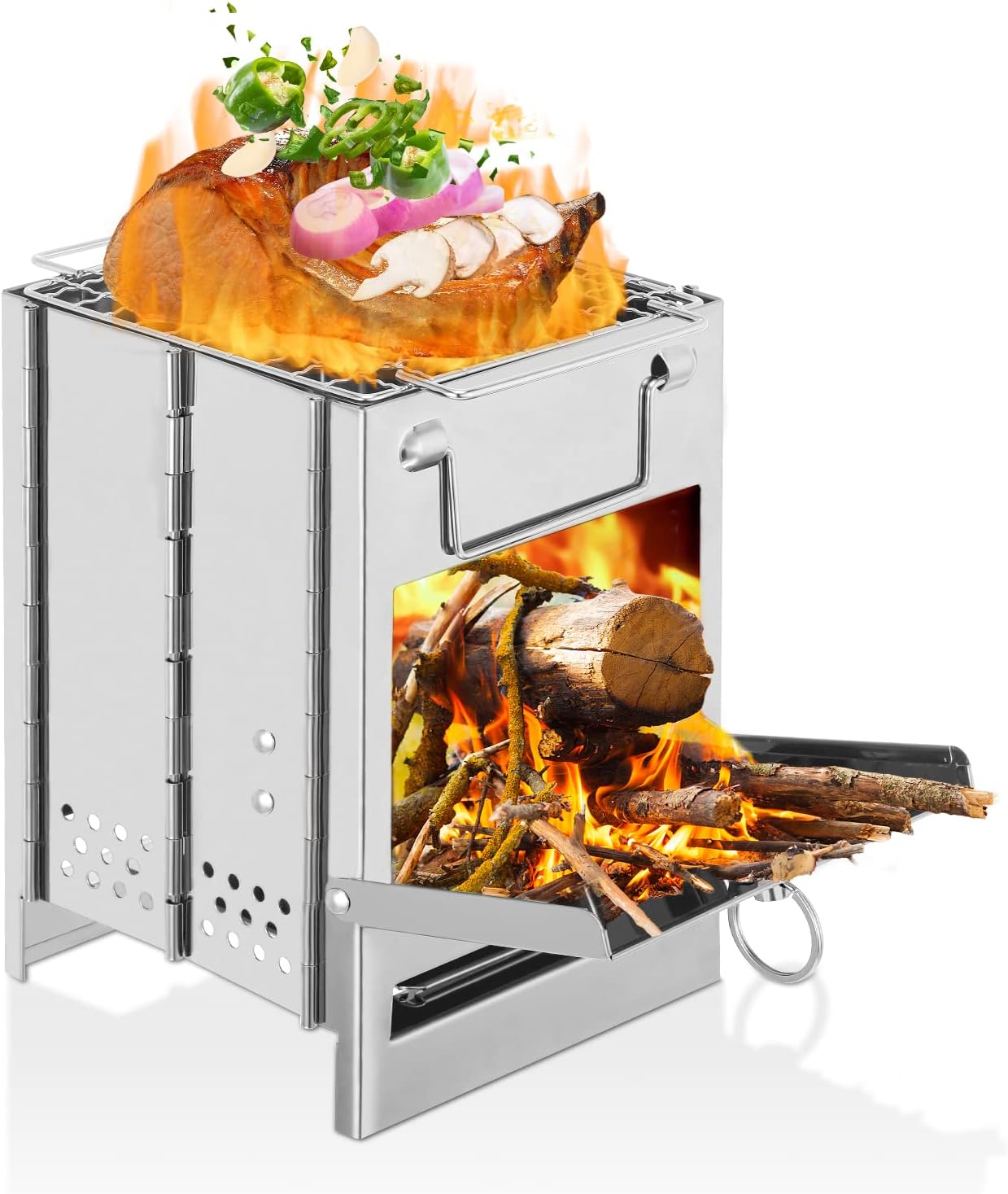 Camping Poêle en Acier Inoxydable Pliant Poêle À Bois Mini Barbecue Grill avec Sac de Transport pour Camping Randonnée Cuisine