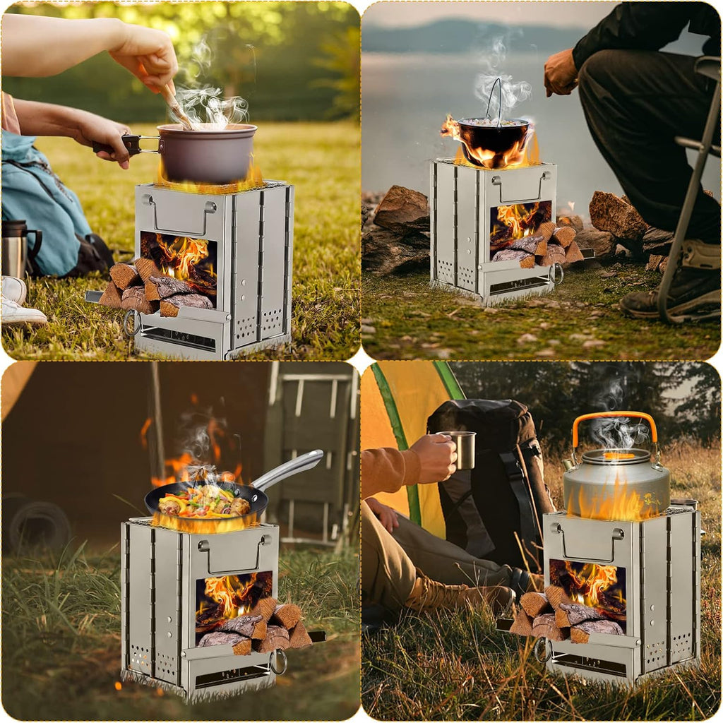 Camping Poêle en Acier Inoxydable Pliant Poêle À Bois Mini Barbecue Grill avec Sac de Transport pour Camping Randonnée Cuisine