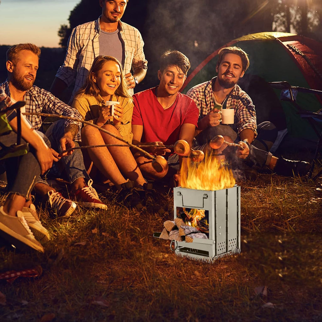 Camping Poêle en Acier Inoxydable Pliant Poêle À Bois Mini Barbecue Grill avec Sac de Transport pour Camping Randonnée Cuisine