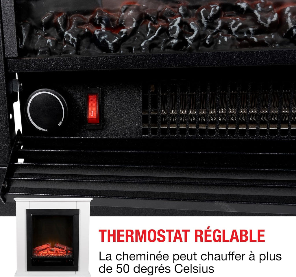 Cheminee Electrique Effet Flamme Lugano 1800W - Cheminée Décorative avec Télécommande et Minuterie - Chauffage Electrique Poêle Électrique Autoportant - Blanc
